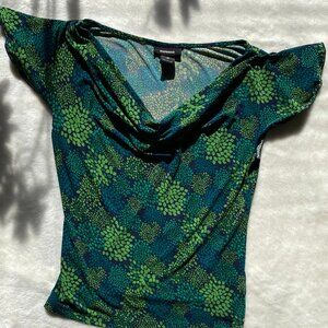 Express Green Draped Blouse Short Flutter Sleeve Stretchy Top Women's Size M